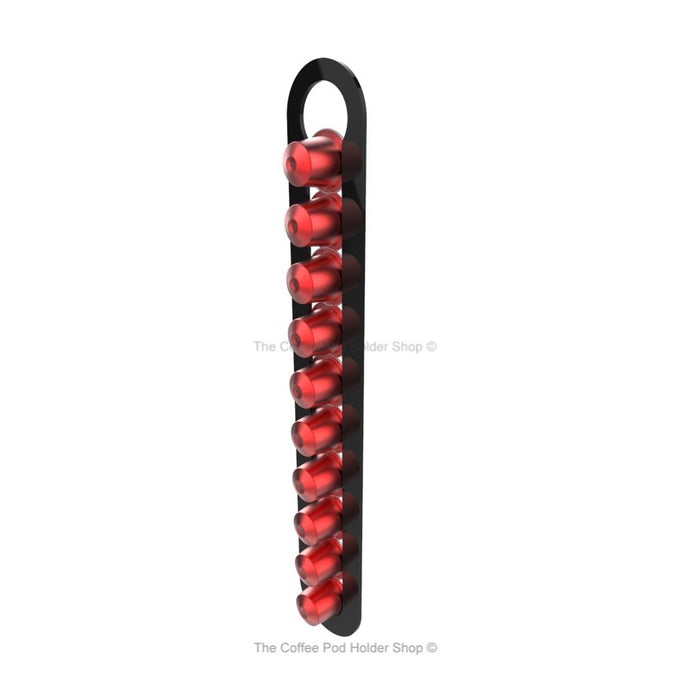 Black, wall mounted, self adhesive Nespresso original line coffee pod capsule holder. Holds 10 pods in 1 row.