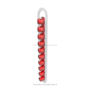 White, wall mounted, self adhesive Nespresso original line coffee pod capsule holder. Holds 10 pods in 1 row.