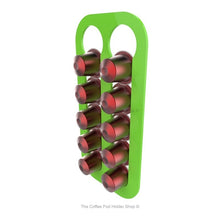 Lime, wall mounted, self adhesive Nespresso original line coffee pod capsule holder. Holds 10 pods in 2 rows.