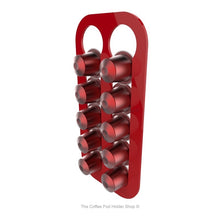 Red, wall mounted, self adhesive Nespresso original line coffee pod capsule holder. Holds 10 pods in 2 rows.