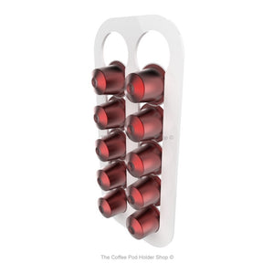 White, wall mounted, self adhesive Nespresso original line coffee pod capsule holder. Holds 10 pods in 2 rows.