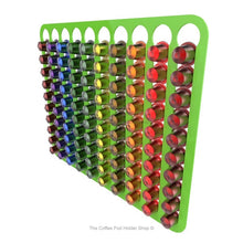 Lime, wall mounted, self adhesive Nespresso original line coffee pod capsule holder. Holds 100 pods in 10 rows.