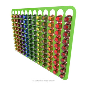 Lime, wall mounted, self adhesive Nespresso original line coffee pod capsule holder. Holds 120 pods in 12 rows.