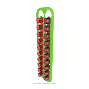 Lime, wall mounted, self adhesive Nespresso original line coffee pod capsule holder. Holds 20 pods in 2 rows.