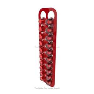 Red, wall mounted, self adhesive Nespresso original line coffee pod capsule holder. Holds 20 pods in 2 rows.