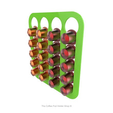 Lime, wall mounted, self adhesive Nespresso original line coffee pod capsule holder. Holds 20 pods in 4 rows.