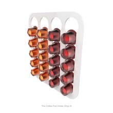 White, wall mounted, self adhesive Nespresso original line coffee pod capsule holder. Holds 20 pods in 4 rows.