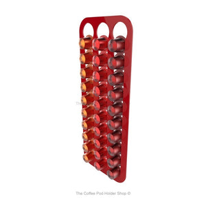 Red, wall mounted, self adhesive Nespresso original line coffee pod capsule holder. Holds 30 pods in 3 rows.