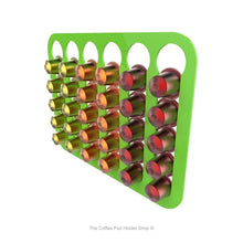 Lime, wall mounted, self adhesive Nespresso original line coffee pod capsule holder. Holds 30 pods in 6 rows.