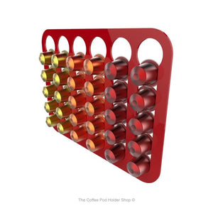 Red, wall mounted, self adhesive Nespresso original line coffee pod capsule holder. Holds 30 pods in 6 rows.