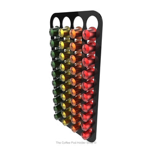 Black, wall mounted, self adhesive Nespresso original line coffee pod capsule holder. Holds 40 pods in 4 rows.