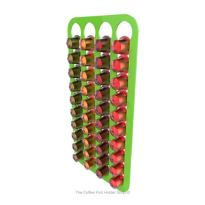 Lime, wall mounted, self adhesive Nespresso original line coffee pod capsule holder. Holds 40 pods in 4 rows.