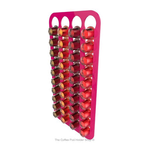 Pink, wall mounted, self adhesive Nespresso original line coffee pod capsule holder. Holds 40 pods in 4 rows.