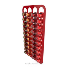Red, wall mounted, self adhesive Nespresso original line coffee pod capsule holder. Holds 40 pods in 4 rows.