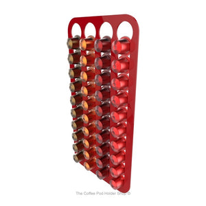 Red, wall mounted, self adhesive Nespresso original line coffee pod capsule holder. Holds 40 pods in 4 rows.