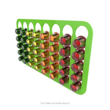Lime, wall mounted, self adhesive Nespresso original line coffee pod capsule holder. Holds 40 pods in 8 rows.