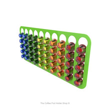 Lime, wall mounted, self adhesive Nespresso original line coffee pod capsule holder. Holds 50 pods in 10 rows.