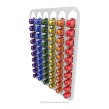 White, wall mounted, self adhesive Nespresso original line coffee pod capsule holder. Holds 60 pods in 6 rows.