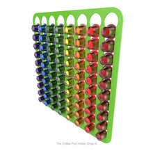 Lime, wall mounted, self adhesive Nespresso original line coffee pod capsule holder. Holds 80 pods in 8 rows.