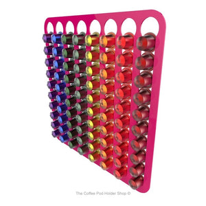 Pink, wall mounted, self adhesive Nespresso original line coffee pod capsule holder. Holds 80 pods in 8 rows.