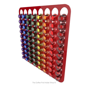 Red, wall mounted, self adhesive Nespresso original line coffee pod capsule holder. Holds 80 pods in 8 rows.