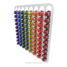 White, wall mounted, self adhesive Nespresso original line coffee pod capsule holder. Holds 80 pods in 8 rows.