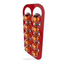 Red, wall mounted, self adhesive Nespresso Vertuo line coffee pod capsule holder. Holds 10 pods in 2 rows.