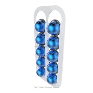 White, wall mounted, self adhesive Nespresso Vertuo line coffee pod capsule holder. Holds 10 pods in 2 rows.