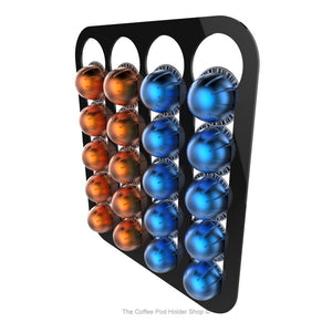 Black, wall mounted, self adhesive Nespresso Vertuo line coffee pod capsule holder. Holds 20 pods in 4 rows.