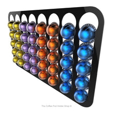 Black, wall mounted, self adhesive Nespresso Vertuo line coffee pod capsule holder. Holds 40 pods in 8 rows.