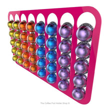 Pink, wall mounted, self adhesive Nespresso Vertuo line coffee pod capsule holder. Holds 40 pods in 8 rows.
