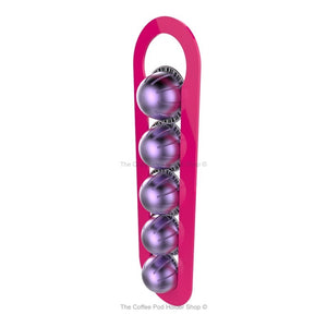 Pink, wall mounted, self adhesive Nespresso Vertuo line coffee pod capsule holder. Holds 5 pods in 1 row.