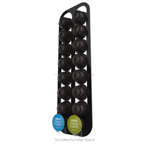 Black, wall mounted, self adhesive Dolce Gusto coffee pod capsule holder. Holds 16 pods in 2 rows.