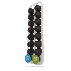White, wall mounted, self adhesive Dolce Gusto coffee pod capsule holder. Holds 16 pods in 2 rows.