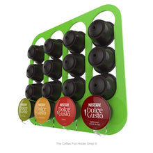 Lime, wall mounted, self adhesive Dolce Gusto coffee pod capsule holder. Holds 16 pods in 4 rows.