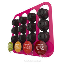 Pink, wall mounted, self adhesive Dolce Gusto coffee pod capsule holder. Holds 16 pods in 4 rows.