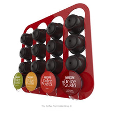 Red, wall mounted, self adhesive Dolce Gusto coffee pod capsule holder. Holds 16 pods in 4 rows.