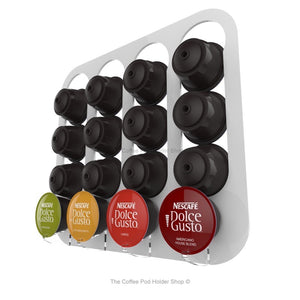White, wall mounted, self adhesive Dolce Gusto coffee pod capsule holder. Holds 16 pods in 4 rows.