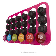 Pink, wall mounted, self adhesive Dolce Gusto coffee pod capsule holder. Holds 24 pods in 6 rows.