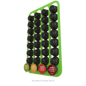 Lime, wall mounted, self adhesive Dolce Gusto coffee pod capsule holder. Holds 32 pods in 4 rows.
