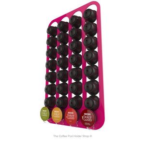 Pink, wall mounted, self adhesive Dolce Gusto coffee pod capsule holder. Holds 32 pods in 4 rows.