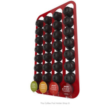 Red, wall mounted, self adhesive Dolce Gusto coffee pod capsule holder. Holds 32 pods in 4 rows.