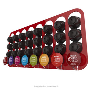 Red, wall mounted, self adhesive Dolce Gusto coffee pod capsule holder. Holds 32 pods in 8 rows.