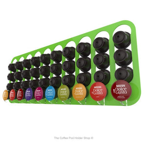 Lime, wall mounted, self adhesive Dolce Gusto coffee pod capsule holder. Holds 40 pods in 10 rows.