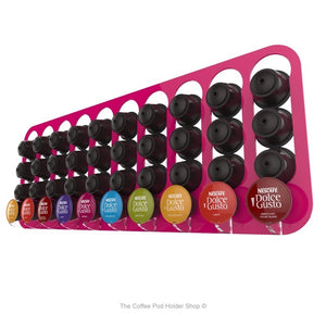 Pink, wall mounted, self adhesive Dolce Gusto coffee pod capsule holder. Holds 40 pods in 10 rows.