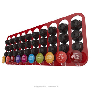 Red, wall mounted, self adhesive Dolce Gusto coffee pod capsule holder. Holds 40 pods in 10 rows.
