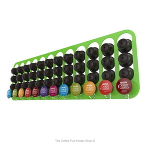 Lime, wall mounted, self adhesive Dolce Gusto coffee pod capsule holder. Holds 48 pods in 12 rows.