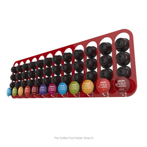 Red, wall mounted, self adhesive Dolce Gusto coffee pod capsule holder. Holds 48 pods in 12 rows.