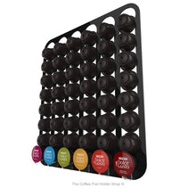 Black, wall mounted, self adhesive Dolce Gusto coffee pod capsule holder. Holds 48 pods in 6 rows.