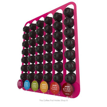Pink, wall mounted, self adhesive Dolce Gusto coffee pod capsule holder. Holds 48 pods in 6 rows.